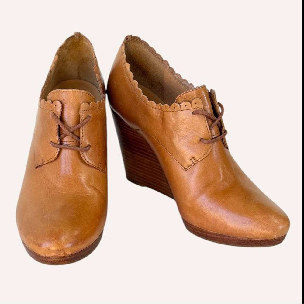 Jack‎ Rogers Olivia Scalloped Wedge Oxford Shoes Cognac Size 8.5 - Picture 7 of 11
